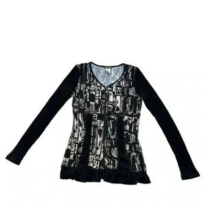 Dolcezza Art to Wear Graphic Black White Zip Up Tunic Top Womens Size M